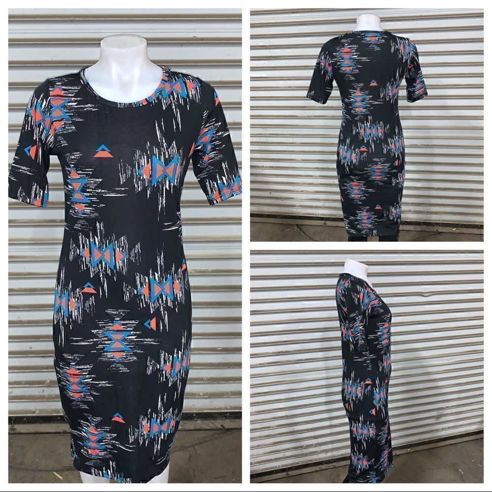 LuLaRoe dress career sheath black w/ geometric design short sleeve size small